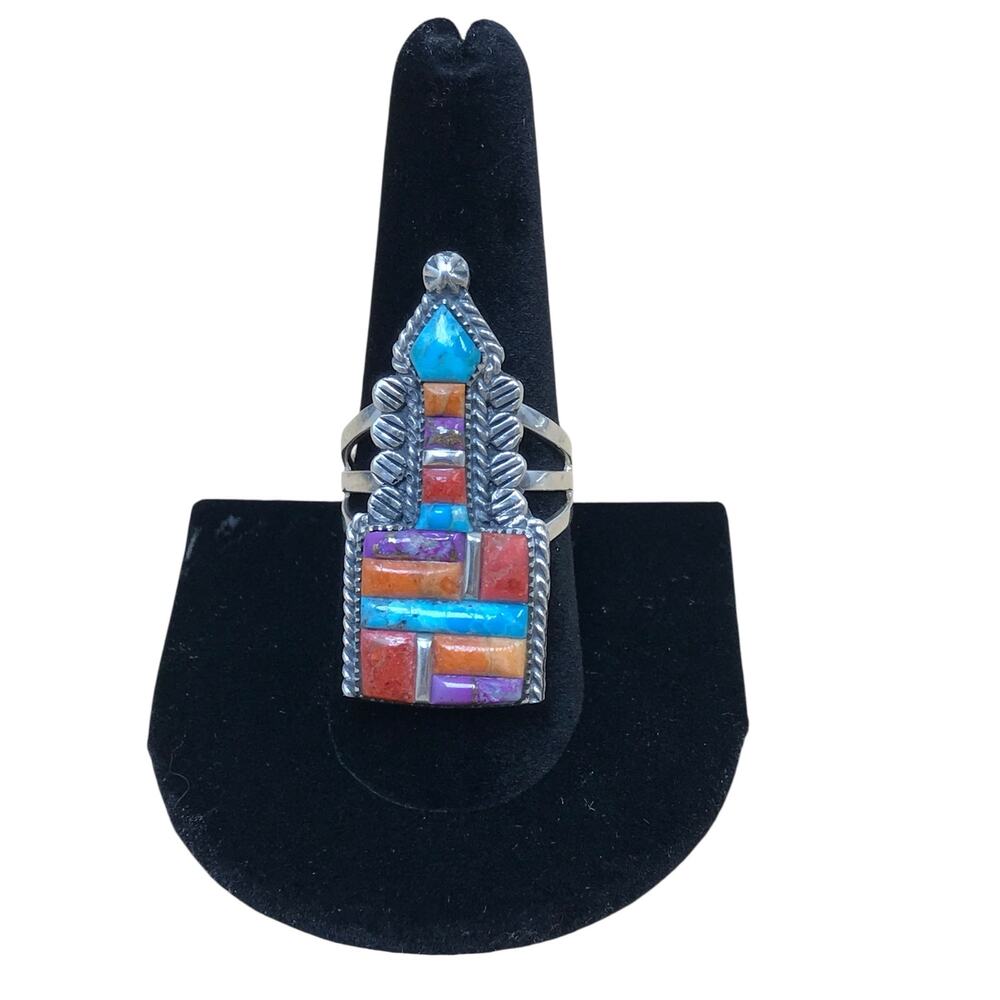 Vintage Sterling Silver Geometric Gemstone Inlay Ring Size 8.5 Philippines